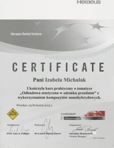 certyfikat z kursu Odbudowa estetyczna w odcinku przednim pani Izabela Michalak