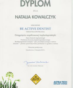 Natalia Kowalczyk-Zuchora certyfikat